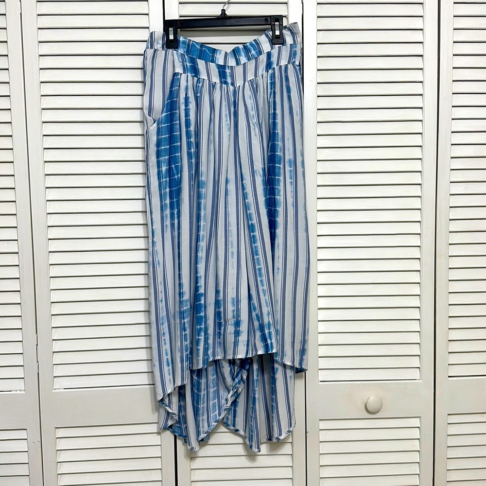 Blue Island Tie-dye Striped Pleated Ruffle Flowy High-Low Wide Leg Pants, M